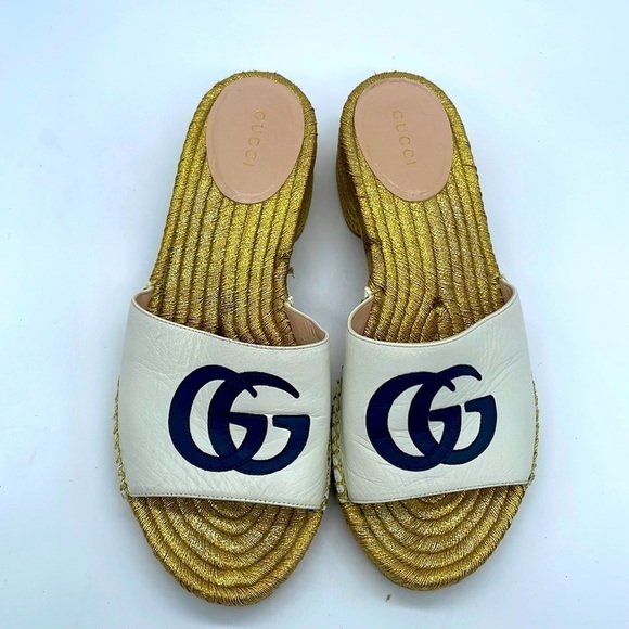 Gucci Ivory Gold GG interlocking heeled espadrille mules 37 - Picture 1 of 8